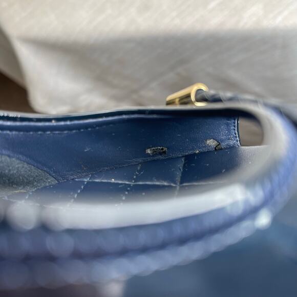 Cole Haan Tali Peep Toe Wedge Navy Patent Leather Bow Quilted Grand OS Women's 8 - Picture 13 of 13